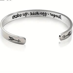 Stainless Steel C-Shaped Cuff "Wake up, Kick A$s, Repeat" Bracelet Silver